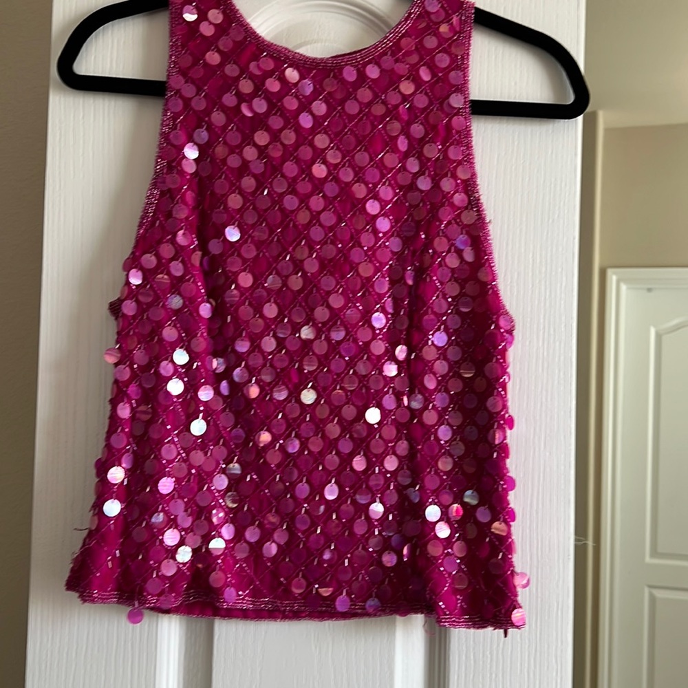 Pink size small sequins silk top with beads